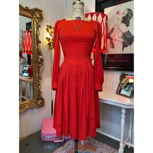 vintage 1980s red silk dress ballon sleeves gathered skirt 80s fashion polkadot
